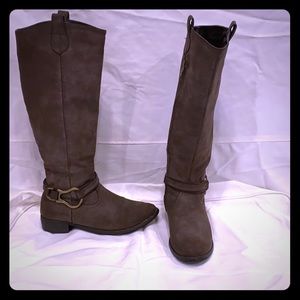 Dark brown soft leather knee high boots w/ buckle